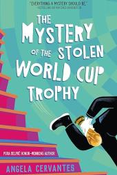 The Mystery of the Stolen World Cup Trophy book cover: A figure running down pink stairs, holding a trophy