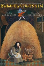 Rumpelstiltskin book cover: Young woman with dark brown hair sits by spinning wheel and giant pile of straw as little, bearded man stands on top of it