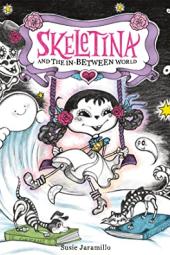 Cartoonish skeleton girl on a swing with ghosts