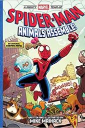 Spider-Man: Animals Assemble! Book Cover: Cartoon Spider-Man flying through the cityscape holding a goldfish in a bowl