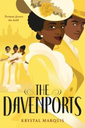 Black couple in foreground; three Black women in background, in bright yellow early 20th century outfits