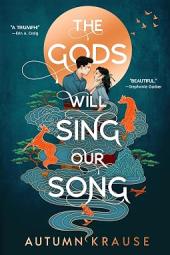 The Gods Will Sing Our Song book cover: Blue background, orange full moon, Japanese teens facing, surrounded by clouds, animals, bonsai trees