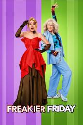 Freakier Friday movie poster: Lindsay Lohan and Jamie Lee Curtis, face to face against a split purple and green background