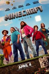 A Minecraft Movie Poster: The characters stand on a slightly askew background, with minecraft structures/creatures near them