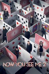 Now You See Me 2 movie poster: Characters walk through a maze lined with poker cards
