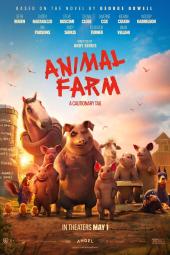 Animal Farm movie poster: Five pigs standing on hind legs at the center of an animated image of farm animals smiling at a camera