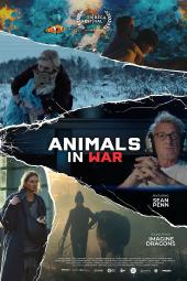 Animals in War movie poster: Sean Penn with headphones on, five different depictions of Ukranian people with animals
