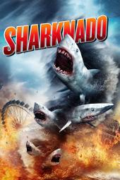 Sharknado Poster Image: Giant sharks swirl in a storm cloud, with wreckage in the background