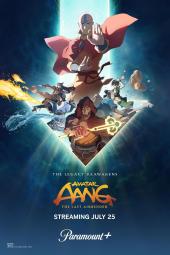 Avatar Aang The Last Airbender Movie: Aang stands top center, Tagah holds the staff in the beneath him while the gang bend elements in either side.