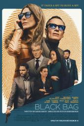 Black Bag movie poster: Against the backdrop of a thumbprint, Cate Blanchett, Michael Fassbender, Pierce Brosnan, & cast pose, looking suspicious