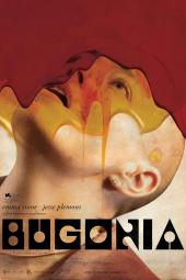 Bugonia movie poster: Emma Stone, with a shaved head, looks up toward red liquid that looks like blood