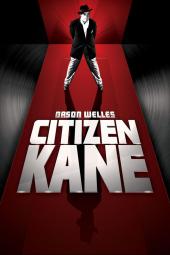 Citizen Kane movie poster: Charles in a suite and hat stands confidently on a red, graphic illustrated stripe