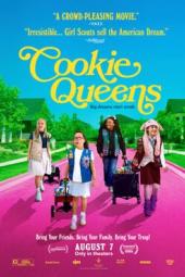 Cookie Queens movie poster: Four confident Girl Scouts of different ages walk on a vibrant pink road