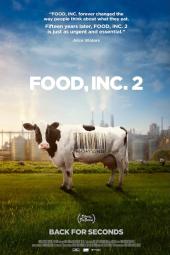 Food, Inc. 2 Movie Poster: A cow with a barcode stamped on its side stands in front of a polluted cityscape