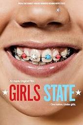 Girls State poster: A girl smiles with flag-colored braces