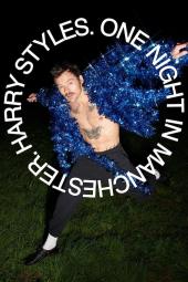 Harry Styles wears a blue sequined jacket open to reveal his bare chest on the poster for Harry Styles: One Night in Manchester