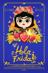 Hola Frida movie poster: Animated young Frida is shown alongside smaller images of her family, against a blue backdrop