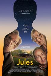 Jules Movie Poster: Milton (Ben Kingsley, left), Joyce (Jane Curtin, right top), and Sandy (Harriet Sansom Harris, right bottom) peer through the cutout shape of an alien, a crashed spaceship visible behind them