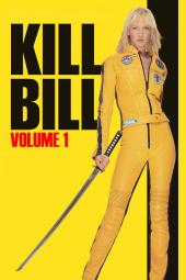Kill Bill: Vol. 1 movie poster: Uma Thurman wearing a yellow racing jumpsuit holding a katana