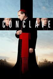 Conclave movie poster: A cardinal in red and black robes, with three others framed in a cross. The Vatican looms in the background under a fading sky.