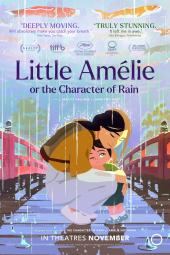 Little Amélie or the Character of Rain movie poster: Nishio-San squats down to hug Amélie on a bridge, shielding her from the rain