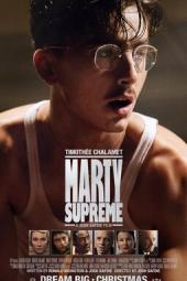 Marty Supreme movie poster: Timothee Chalamet as Marty Mauser, wearing glasses and a white tank top