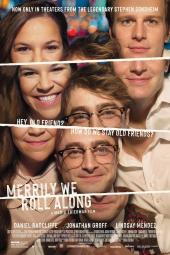 Merrily We Roll Along movie poster: The three characters smile and face the camera, with white stripes across their faces