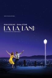 La La Land Movie Poster: Emma Stone and Ryan Gosling dance above nighttime Los Angeles.