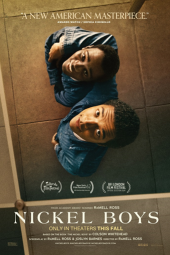Nickel Boys movie poster: Ethan Herisse and Brandon Wilson stand together, looking up and smiling