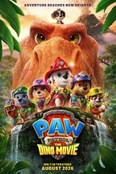 Paw Patrol: The Dino Movie Poster: The Paw Patrol poses in front of an orange dinosaur