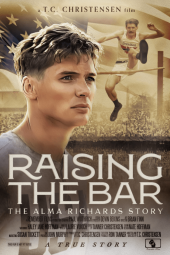 Raising the Bar: The Alma Richards Story movie poster: Paul Wuthrich stands in front of high jumper who's jumping over a bar