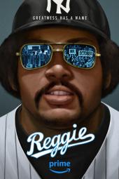 Reggie movie poster: Illustration of African American Yankees outfielder Reggie Jackson, wearing a black baseball cap with the team's white NY insignia lettering, a black T-shirt covered by the Yankees pinstripe top, and gold-framed mirrored aviator sunglasses featuring in image of marching  BIPOC activists with signs in the left frame and Yankee fans in a stadium displaying Mr. October sign, the player's nickname for his postseason wins