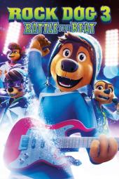 Rock Dog 3 Movie poster: An animated dog wearing a hood and holding a guitar is on the cover 