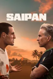 Saipan movie poster: Roy Keane and Mick McCarthy face off against each other with a volcano erupting behind them