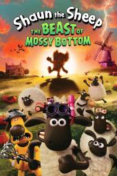 Shaun the Sheep—The Beast of Mossy Bottom movie poster: Cartoon sheep on a colorful farm with a distant, large creature walking at sunset