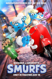 Smurfs movie poster: Several smurfs ride a scooter, pursued by Gargamel