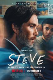 Steve movie poster: Cillian Murphy looks troubled at the front of an out-of-focus classroom as a young biracial boy watches him