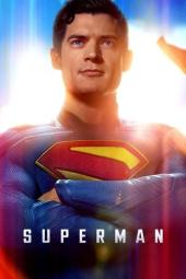 Superman movie poster: Superman wears his iconic blue and red costume with the red and yellow S shield