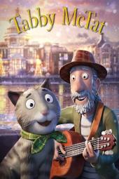 Tabby McTat movie poster: A gray tabby cat sits next to a bearded busker with a guitar in front of a river