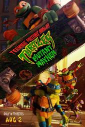 Teenage Mutant Ninja Turtles: Mutant Mayhem Movie Poster: Michelangelo rides a skateboard with the movie's title on the underside, while the other turtles are shown underneath