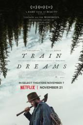 Train Dreams movie poster: Profile of a logger in nature.