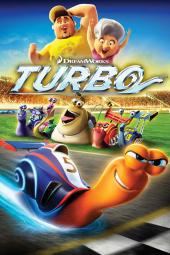 Turbo movie poster: A snail looks determined as it speeds over a racing finish line