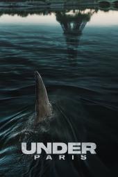 Under Paris movie poster: A shark fin bottom left over title swims toward reflection of Eiffel Tower in the River Seine
