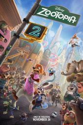 Zootopia 2 movie poster: Nick, Judy, and a blue snake run, with many other animals gathered behind/around them