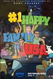 #1 Happy Family USA TV Poster: A family stands on the sidewalk as a police helicopter with a searchlight hover above.
