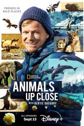 Animals Up Close TV show poster: Collage with large image of Bertie Gregory at its center, surrounded by images of animals