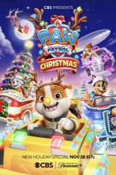 A PAW Patrol Christmas TV show poster: Rubble, Marshall, Chase and Skye drive lit-up trucks in Christmas gear while Santa flies above them.