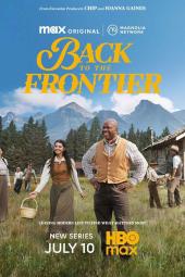 Back to the Frontier TV show poster: Kids and adults in 1800s clothes stand in grassy field, mountains and trees looming behind them. 