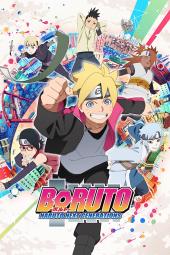 Boruto Naruto Next Generations TV show poster: Boruto and his ninja friends are seen in animated poses, behind them is a colorful background showing their village Konohagakure.