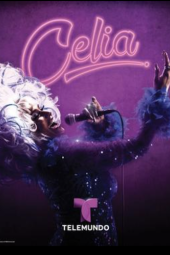 Celia TV show poster: Aymeé Nuviola dressed as Celia against purple background with name in Neon lights. 